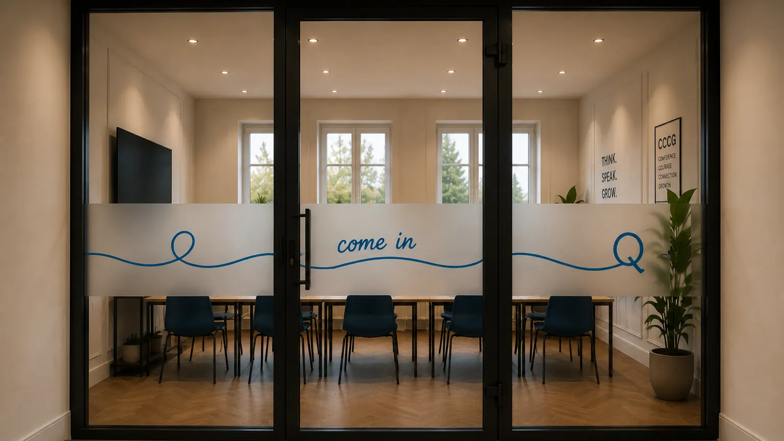 Wizualizacja wejścia do Question House - szklana zabudowa z napisem come in
